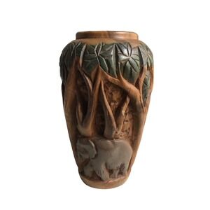 Wood Vase Sculpture Art‎ Carved Figural 3D Elephant Jungle Trees Decor Safari